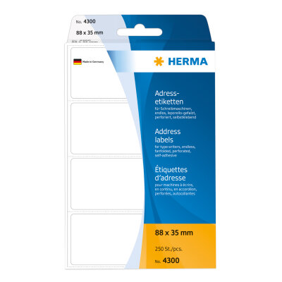 Herma Etiketten für Adressen permanent haftend 88 x 35 mm weiss zickzackgefaltet 250 Etik. für Schreibmaschine