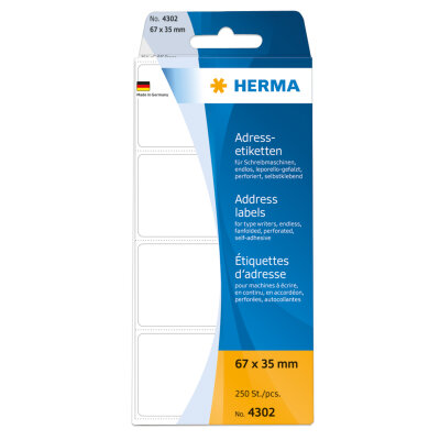 Herma Etiketten für Adressen permanent haftend 67 x 35 mm weiss zickzackgefaltet 250 Etik. für Schreibmaschine