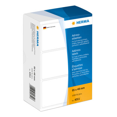 Herma Etiketten für Adressen permanent haftend 95 x 48 mm weiss zickzackgefaltet 1000 Etik. für Schreibmaschine