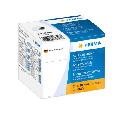 Herma Etiketten für Adressen permanent haftend 70 x 38 mm weiss auf Rolle 250 Etik. für Schreibmaschine