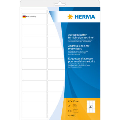 Herma Etiketten für Adressen permanent haftend 67 x 30 mm weiss 20 Bl 540 Etik. für Schreibmaschine