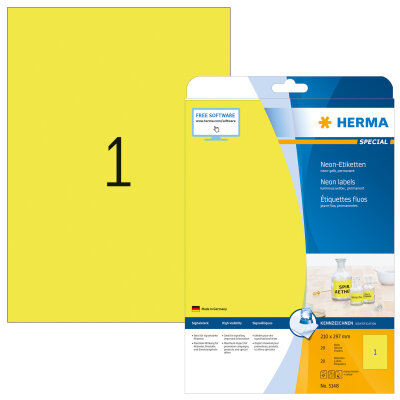 Herma Etiketten permanent haftend 210 x 297 mm neongelb 20 Bl 20 Etik. LaserCopy