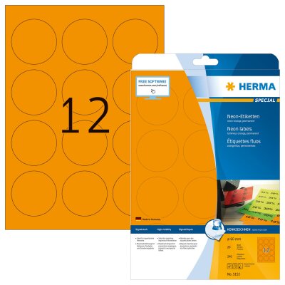 Herma Etiketten permanent haftend Ø 60 mm neonorange 20 Bl 240 Etik. LaserCopy