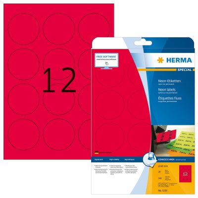 Herma Etiketten permanent haftend Ø 60 mm neonrot 20 Bl 240 Etik. LaserCopy