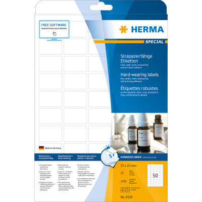 Herma Etiketten stark haftend 37 x 25 mm Folie weiss strapazierfähig 25 Bl 1250 Etik. LaserCopy