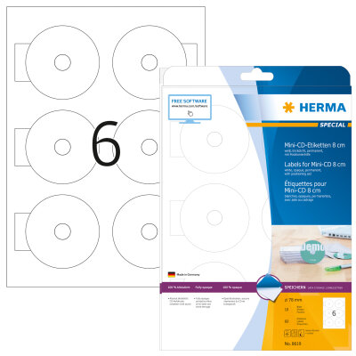 Herma Etiketten für CD Mini permanent haftend Ø 78/17 mm weiss 10 Bl 60 Etik. LaserInkCopy