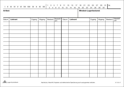 RNK Bauformulare & Handwerk, A5 quer, Lager-Kontrollkarte