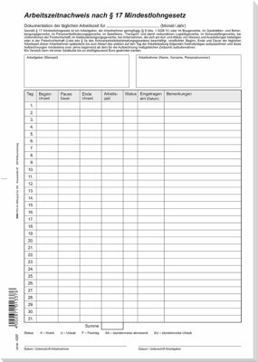 RNK Arbeitsverträge & Zeitnachweise, A4, Arbeitszeitnachweis nach § 17 Mindestlohngesetz - Block