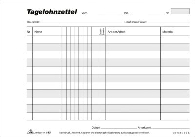 RNK Tagelohnzettel, A5 quer, Tagelohnzettel - Block - SD