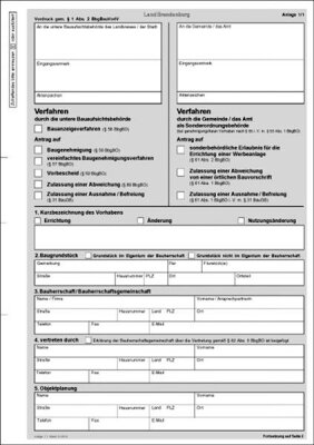 RNK 2780 Bauantrag für das Bundesland Brandenburg - SD, Anlage 1.1 - 1.3, 3 x 3 Blatt, DIN A4