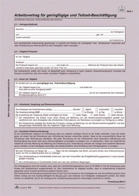 RNK Arbeitsverträge & Zeitnachweise, A4, Arbeitsvertrag für geringfügig und Teilzeit-Beschäftigte - SD