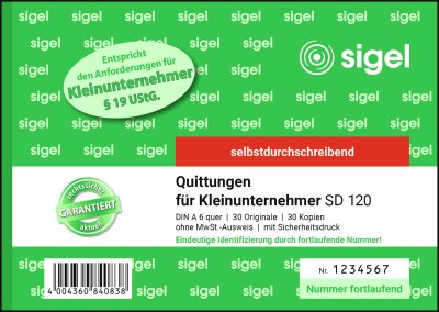 SIGEL SD120 Quittungen - fortlaufend nummeriert - A6 quer - 2x 30 Blatt - selbstdurchschreibend - für Kleinunternehmer - 30 Sätze