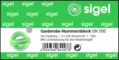 SIGEL GN500 Garderobe-Nummernblock - gelb/blau - 500 Blatt - 5 Blocks in Folie, pro Farbe 5 PK, 5er-Pack