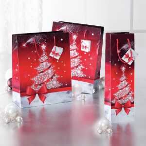 Geschenktasche klein - rot/silber - Weihnachtsbau17 x 23 x 9 cm