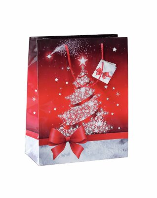 SIGEL GT023 Geschenktasche SIGEL klein - rot/silber - Weihnachtsbaum - mit Bodeneinlage, Geschenkanhänger und farblich abgestimmten Tragekordeln - Glanzkarton, Kunststoff - 17 x 23 x 9 cm