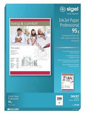 SIGEL IP288 Inkjet Papier für Präsentationen, Bewerbungen, Flyer - A4 - 200 Blatt - matt spezialbeschichtet - weiß - 95 g/m²