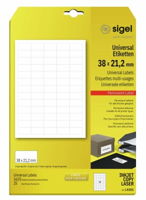 SIGEL LA101 Universal-Etiketten - weiß - 38 x 21,2 mm - 70 g/m² - 1.625 Etiketten = 25 Blatt