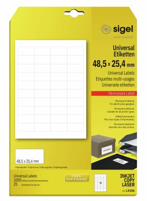 SIGEL LA106 Universal-Etiketten - weiß - 48.5 x 25,4 mm - 70 g/m² - 1.000 Etiketten = 25 Blatt