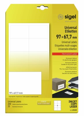 SIGEL LA142 Universal-Etiketten - weiß - 97 x 67,7 mm - 70 g/m² - 200 Etiketten = 25 Blatt