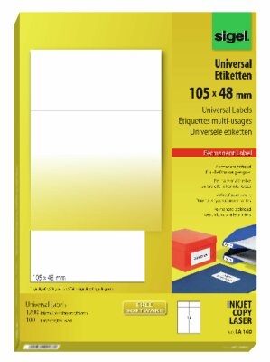 SIGEL LA160 Universal-Etiketten - weiß - 105 x 48 mm - 70 g/m² - 1.200 Etiketten = 100 Blatt