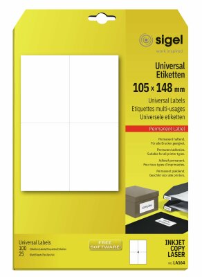 SIGEL LA164 Universal-Etiketten - weiß - 105 x 148 mm - 70 g/m² - 100 Etiketten = 25 Blatt