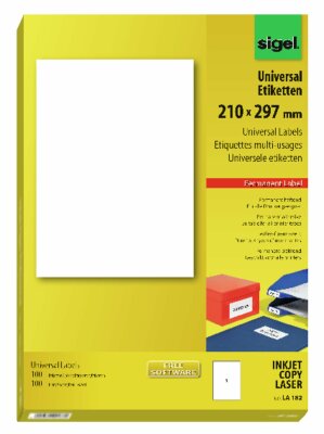 SIGEL LA182 Universal-Etiketten - weiß - 210 x 297 mm - 70 g/m² - 100 Etiketten = 100 Blatt