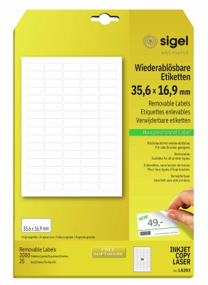 SIGEL LA203 Etiketten - weiß - wiederablösbar - 35.6 x 16,9 mm - 70 g/m² - 2.000 Etiketten = 25 Blatt