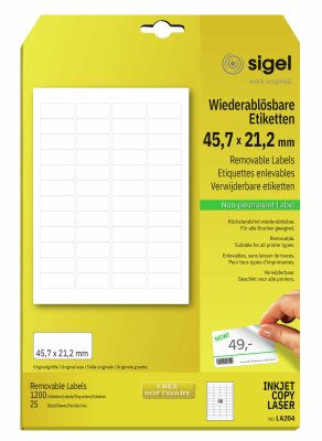 SIGEL LA204 Etiketten - weiß - wiederablösbar - 45.7 x 21,2 mm - 70 g/m² - 1.200 Etiketten = 25 Blatt