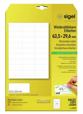 SIGEL LA210 Etiketten - weiß - wiederablösbar - 63.5 x 29,6 mm - 70 g/m² - 675 Etiketten = 25 Blatt