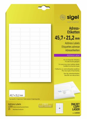 SIGEL LA315 Adress-Etiketten - weiß - 45.7 x 21,2 mm - 70 g/m² - 1.200 Etiketten = 25 Blatt