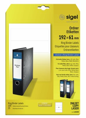 SIGEL LA430 Ordner-Etiketten - weiß - 192 x 61 mm - 70 g/m² - 100 Etiketten = 25 Blatt