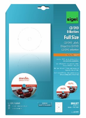 SIGEL LA501 CD-/DVD-Etiketten - weiß - 117 x 117 mm - 50 Etiketten = 25 Blatt