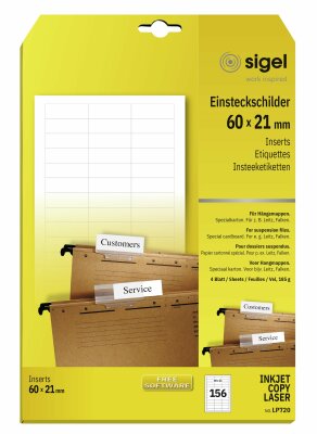 SIGEL LP720 PC-Einsteckschilder - A4 - weiß - Spezialkarton - 185 g/m² - 156 Stück