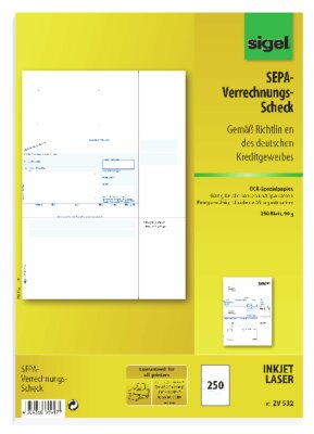 SIGEL ZV532 PC-SEPA-Verrechnungs-Scheck - A4 - für eyestyle® Haftnotizbox SA 102/SA 162 - 250 Blatt