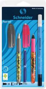 Schneider Zippi-Set mit je 1x Füller, Tinten- roller, Corry + 2 Patronen, Blister