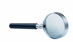 Leselupe mit Glaslinse, Ø 50 mm, vernickelt, verschraubter Griff, Vergrößerung 5-fach