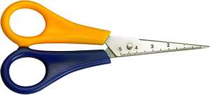 Bastelschere, spitz, 5,3 = 13,5 cm mit mm-Skala, gelb/blauer Griff für Linkshänder, VE = 12 Stück