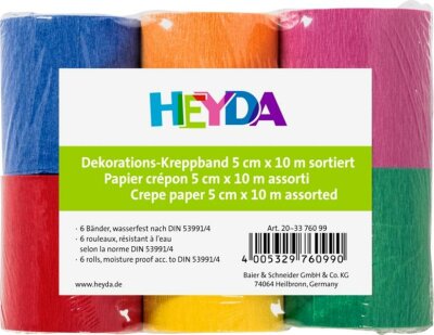 HEYDA 203376099 Krepp-Bänder 10 m x 5 cm sonnengelb mango tulpenrot hellviolett dunkelblau grasgrün