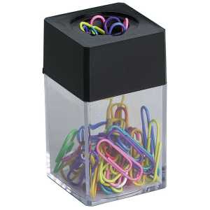 Magnetdose, eckig, klar, schwarzer Deckel, 42 mm x 42 mm x 70 mm, inkl. 30 Briefklammern bunt gemischt