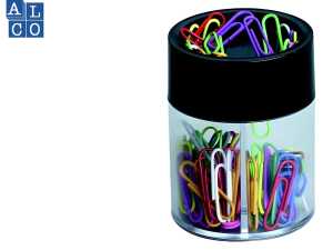 Magnetdose, rund, klar, schwarzer Deckel, Ø 58 mm x 72 mm, inkl. 30 Briefklammern bunt gemischt