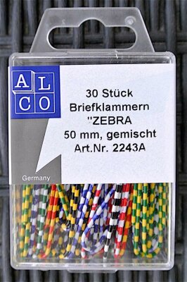 Alco Aktenklammern ZEBRA, bunt gemischt, 50 mm, glatt, SB-Dose à 30 Stück