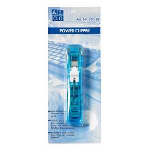 Power-Clipper, blau-transparent, Magazin für 8 Klammern, umfasst ca. 20 Blatt