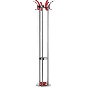 Standgarderobe, Metall, verchromt, 6 rote Acrylhaken, Tropfschale, (H/Ø) 174/42,5 cm
