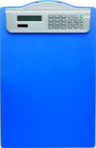 Klemmbrett mit Solarrechner, DIN A4, Blau, transparenter Kunststoff, Längsseite mit Maßeinteilung cm/Zoll