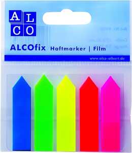 ALCOfix Haftmarker, Film, Pfeile, 12 x 50 mm, je Farbe 25 Stück, Rot, Orange, Gelb, Grün, Blau