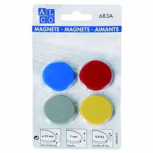 Haftmagnete, rund, bunt gemischt, Ø 32 mm, Blisterkarte à 4 Stück, Haftkraft min. 0,8 kp