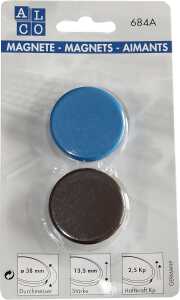 Kraftmagnete, rund, bunt gemischt, Ø 38 mm, Blisterkarte à 2 Stück, Haftkraft min. 2,5 kp