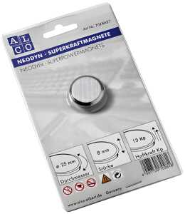 Superkraftmagnete, silberfarben, gebürstet, Ø 25 mm, Haftkraft 13 kp, 1 Stück auf SB-Karte