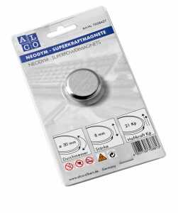 Superkraftmagnete, silberfarben, gebürstet, Ø 30 mm, Haftkraft 21 kp, 1 Stück auf SB-Karte