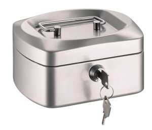 Geldkassette, neuartige Optik, silberfarben, Seiten gewölbt, Deckel formschön, (L/B/H) 155/120/80 mm